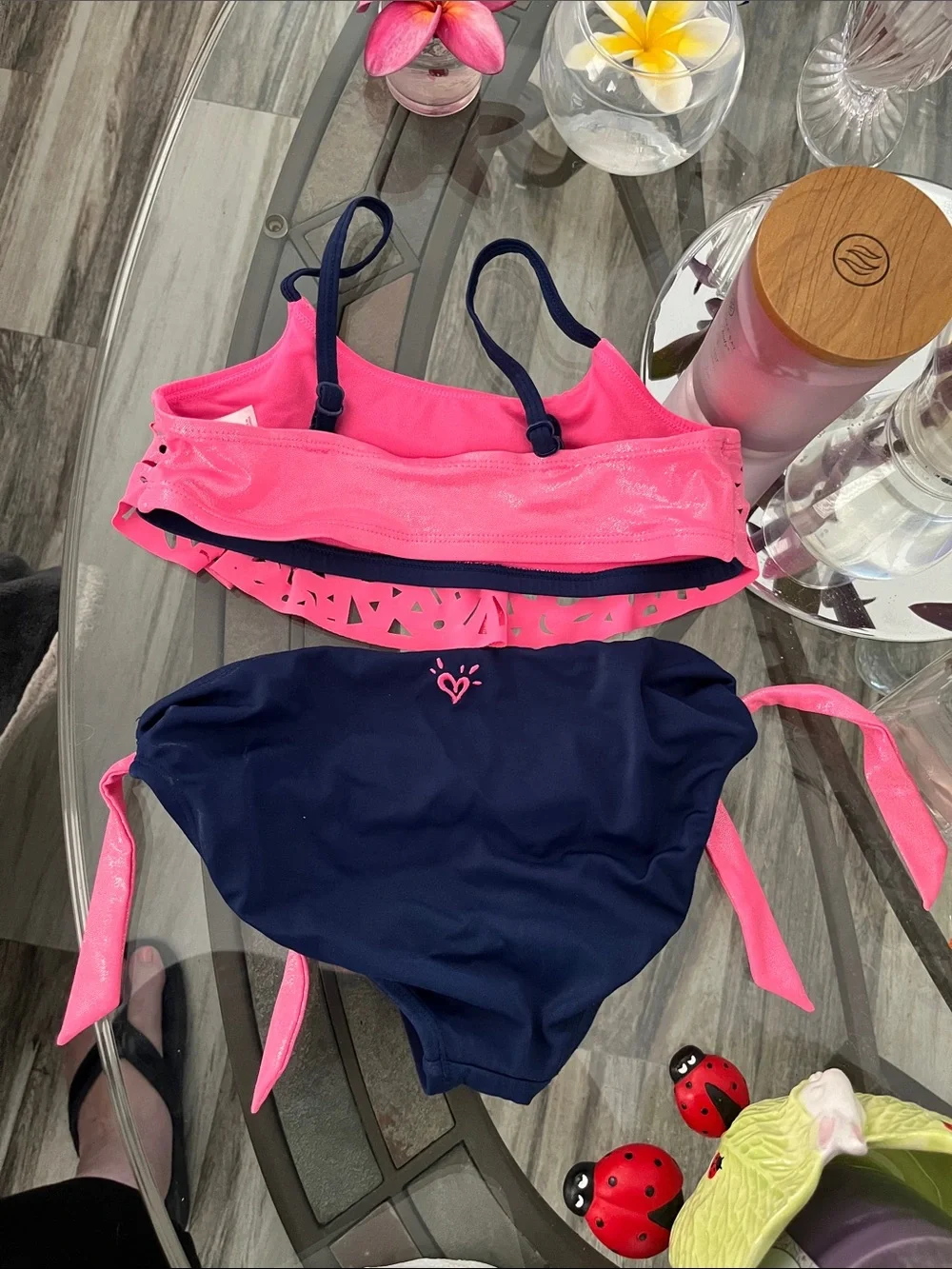 Justice Pink Laser-Cut Ruffle Bikini with Navy Bottoms